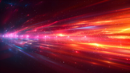 Colorful vibrant neon light stripes and dots, luminous lighttail stripes on a dark moody background, futuristic design, modern light art