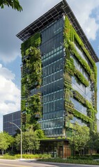 green plants and garden on modern glass skyscraper office building, nature and contemporary architecture, balance and harmony of environment and human, sustainability of ecosystem