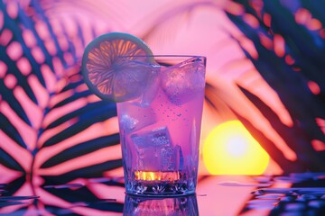 Margarita cocktail with orange slice garnish on background of palm leaves. Retrowave, synthwave style. Alcoholic drink for neon summer party. Refreshing beverage concept. Banner with copy space