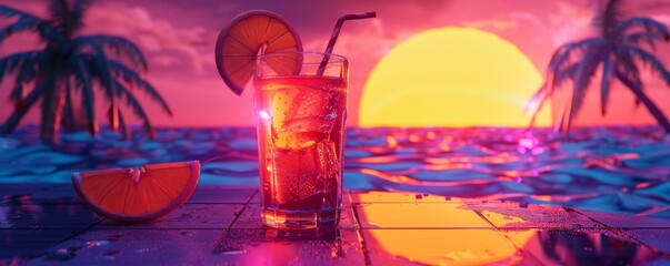 Margarita cocktail with lime slice garnish on background of palm leaves. Retrowave, synthwave style. Alcoholic drink for neon summer party. Refreshing beverage concept. Banner with copy space