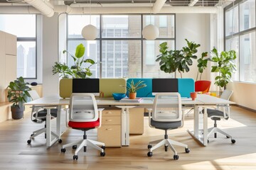 Contemporary office space with ergonomic chairs, shared desks, and vibrant decor, promoting a lively and productive work atmosphere