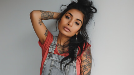Fototapeta premium Beautiful young Indian woman with tattoos wearing overalls posing while looking at the camera against a white background