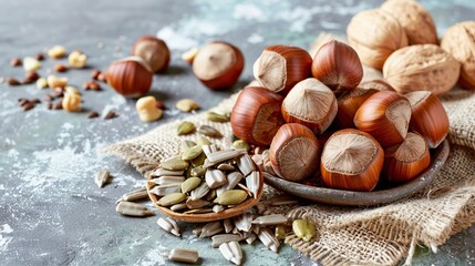 Hazelnut and sunflower seeds. Healthy organic food concept. Generative Ai