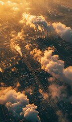 Fototapeta premium aerial view of heavy industry factory with smokestacks, chimneys and pipe, air and environment pollution, smoke stack and smog over industrial chemical plant