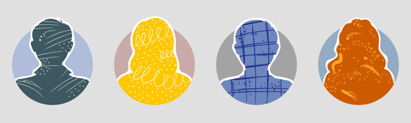 Male and female portraits, silhouettes, avatars or profiles of unknown anonymous people. Man, woman, people. Colorful abstract art on silhouettes people. Vector illustration in modern collage style.