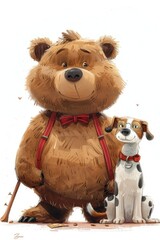 fat brown bear with red suspenders and a spotted beagle wearing glasses in a childrens book cartoon artstyle