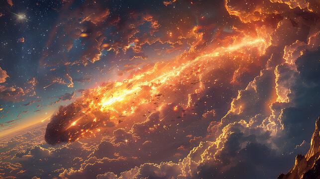 illustration of celestial phenomenon known comet blazing trail glowing tail cosmic dust clouds painting night sky celestial ballet of light motion captivates imagination inspires wonder all who behold