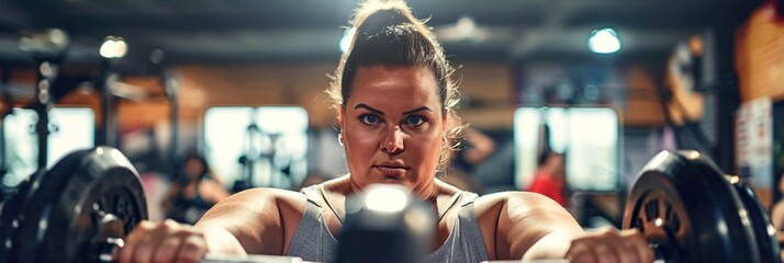 Overweight woman lifting weights in gym, showing determination and strength in her fitness journey, emphasizing power and resilience through weight training - Powered by Adobe