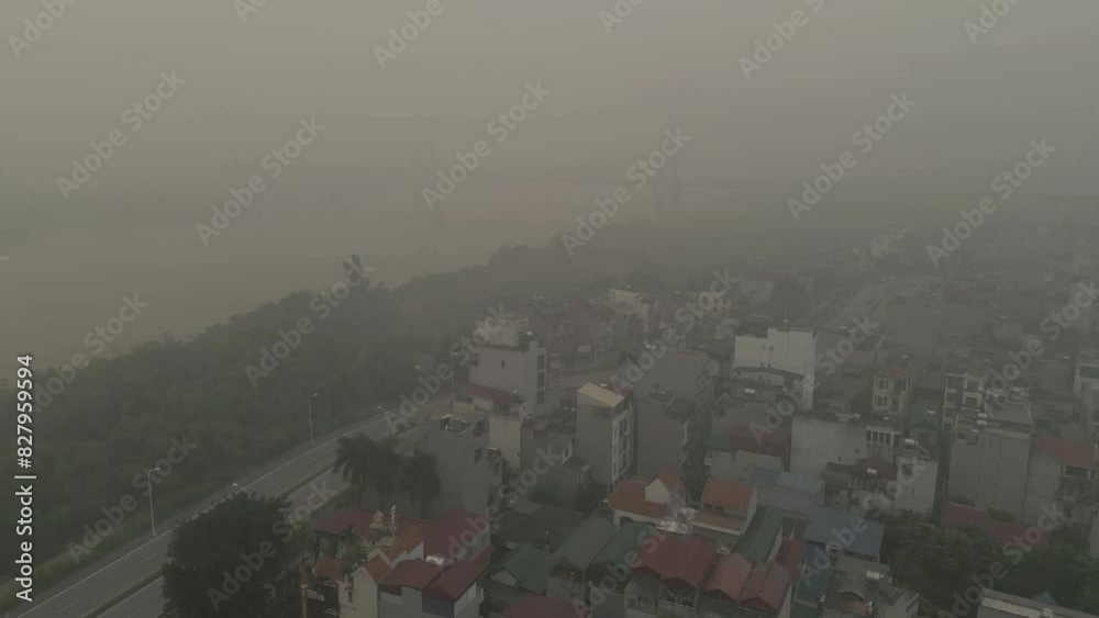 Poster Aerial view of Hanoi Downtown Skyline with fog mist, Vietnam. Financial district and business centers in smart urban city in Asia. Skyscraper and high-rise buildings.