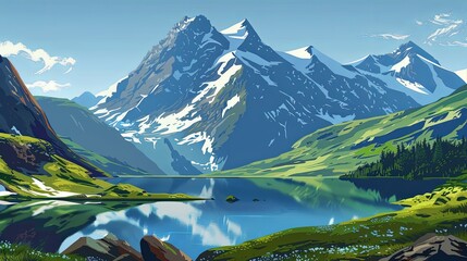A painting of a mountain lake nestled among towering peaks. Generative AI