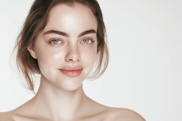 close up face portrait of young pretty Caucasian woman with bright flawless skin, beauty cosmetic or skincare fashion portrait with copy space isolated on white background,
