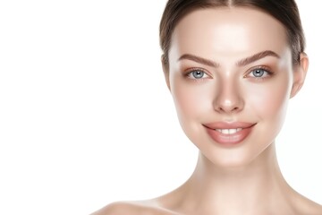 Fototapeta premium close up face portrait of young pretty Caucasian woman with bright flawless skin, beauty cosmetic or skincare fashion portrait with copy space isolated on white background,