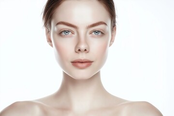 Obraz premium close up face portrait of young pretty Caucasian woman with bright flawless skin, beauty cosmetic or skincare fashion portrait with copy space isolated on white background,