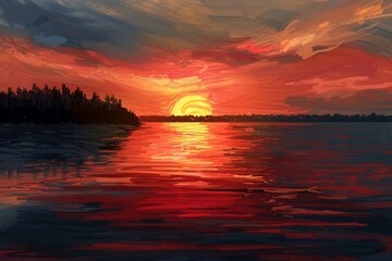 A painting capturing the sun setting over a tranquil lake, casting warm hues and reflections on the water. Generative AI