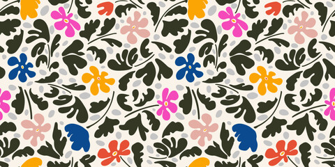 Seamless botanical colorful pattern. A bright modern collage of drawings of various flowers, branches, and hand-inked sketches