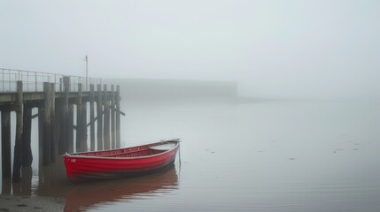 Naklejka premium A Misty Day by the River Blyth in Southwold Suffolk Featuring a Pier and Red Fishing Boat