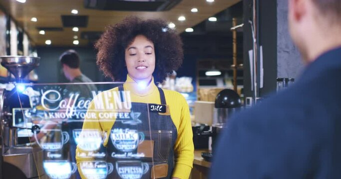 Beautiful Barista Woman Servicing Client At Cafe Bar Futuristic Hud Display Menu Wireless Payment Near Future Concept Red Epic 8K