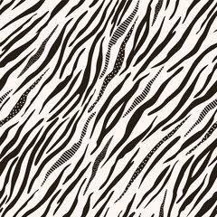 Seamless zebra animal skin pattern. Wavy black stripes on a white background, dots, lines.