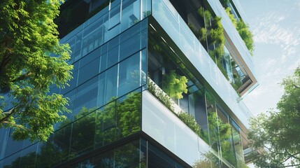green trees and plants by modern glass skyscraper office building, nature and contemporary architecture, balance and harmony of environment and human, sustainability of ecosystem