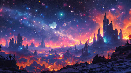 illustration of a cosmic dance party on a distant planet with alien DJs pulsating music and intergalactic revelers celebrating in zero gravity beneath a canopy of stars