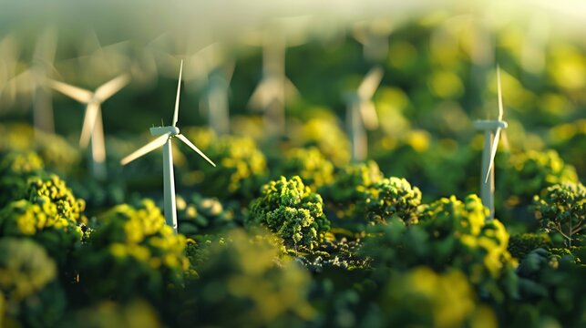 wind turbine miniature, windmill in green mountains, renewable and energy and sustainable resources consumption concept