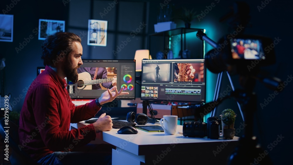 Poster video editor filming online tutorial about editing color grading and lighting. post production exper