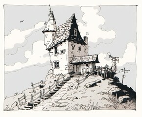 Line Art Drawing of a Quaint House with a Tower