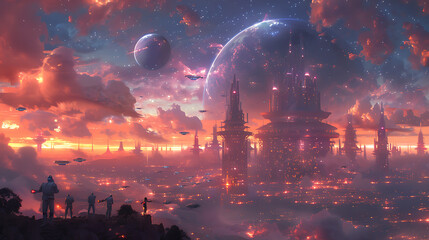 illustration of a cosmic dance party on a distant planet with alien DJs pulsating music and intergalactic revelers celebrating in zero gravity beneath a canopy of stars