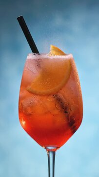 Glass of apperol spritz cocktail with orange slice and straw on blue background. Closeup of summer drink