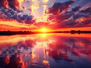 Golden sunset over a serene lake, dramatic clouds illuminated in various shades of red and purple, peaceful water mirroring the sky