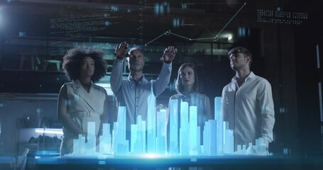 Futuristic Office City 3D Hologram In Front Of Multi Cultural Engineering Business Team Future Of Construction Technology Red Epic 8K - Powered by Adobe