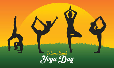 International Yoga Day poster design with silhouette vector of women's yoga exercises and poses