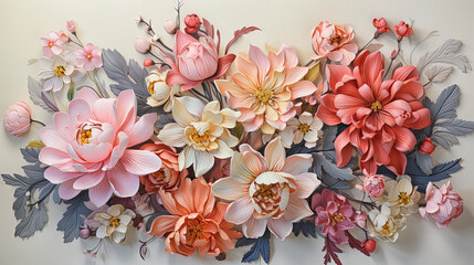 Wallpaper with vintage bouquet of colorful flowers on white background.