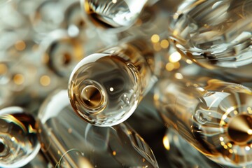 A vivid closeup image shows multiple glass beads spread out on a table surface