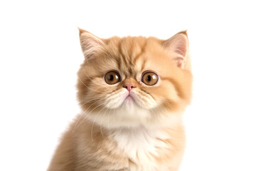Fototapeta premium Cute exotic shorthair kitty looking at camera. Head close-up portrait of exotic shorthair cat. White Isolated background. Generative AI