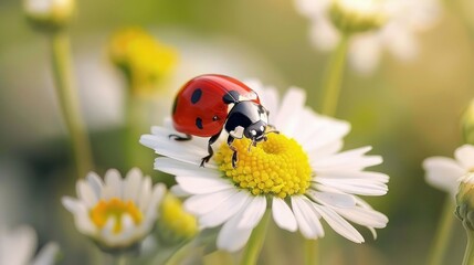 Close up picture of a ladybug on a flower in a garden gathering nectar