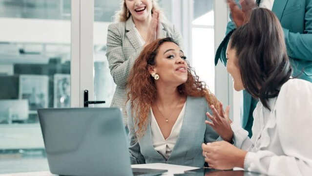 Applause, laptop and meeting with business people cheering in boardroom of office for support or success. Collaboration, computer and winner colleague team in workplace for goal or target celebration
