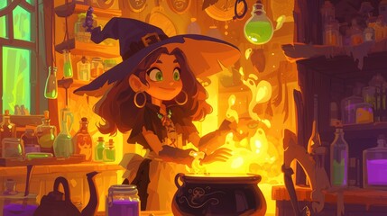 A charming young witch is concocting a potion in her bubbling cauldron at a festive Halloween kids party This scene is beautifully captured in a delightful 2d illustration