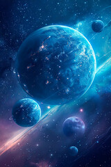 Abstract scientific background - glowing planet Earth in space, solar eclipse, nebula and stars, vertical