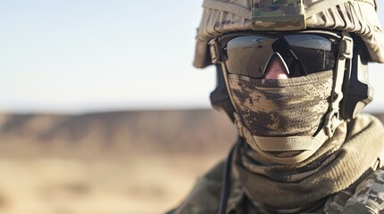American Soldier in Full Tactical Gear, Camouflage and Helmet, Desert Military Operation
