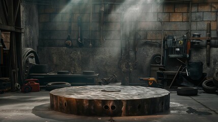 Rugged Steel Product Podium in Atmospheric Industrial Workshop with Vintage Tools and Automotive Parts