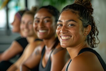 Fototapeta premium Happy Women in Fitness Group Smiling Close-Up, Active Lifestyle and Wellness, Indoor Training and Positivity