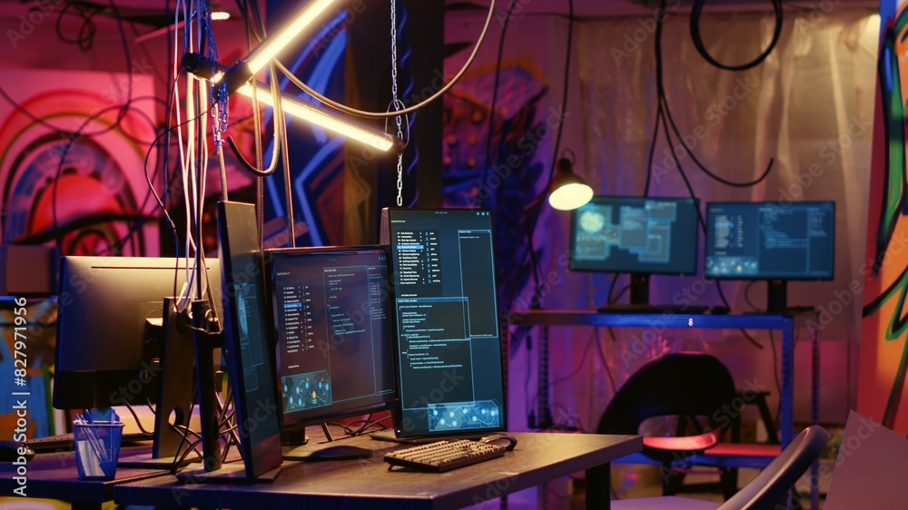 Aufkleber programming language on pc screens in empty messy hackers base of operations with grunge graffiti dr