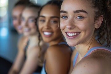 Fototapeta premium Happy Women in Fitness Group Smiling Close-Up, Active Lifestyle and Wellness, Indoor Training and Positivity