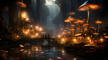 Enchanting fairy tale forest: whimsical scene with fairies and magical creatures