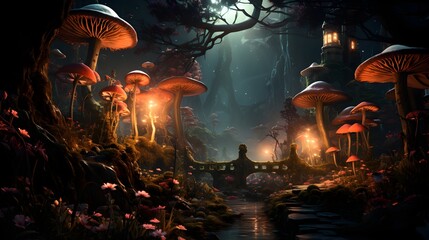 Enchanting fairy tale forest: whimsical scene with fairies and magical creatures