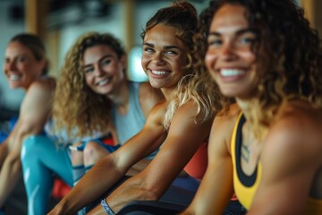 Fototapeta premium Happy Women in Gym Fitness Group, Smiling and Exercising Together, Active Lifestyle and Wellness