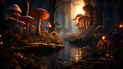 Enchanting fairy tale forest: whimsical scene with fairies and magical creatures