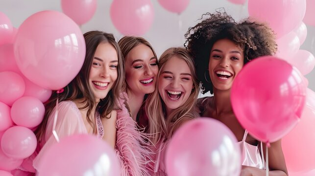 Hen party with bride and gal pals. Bridal celebration pink photo. Spending time with female friends