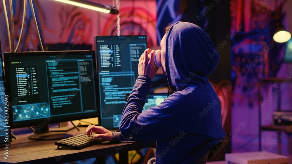Poster hacker drinking coffee at underground bunker desk while using network vulnerabilities to exploit ser
